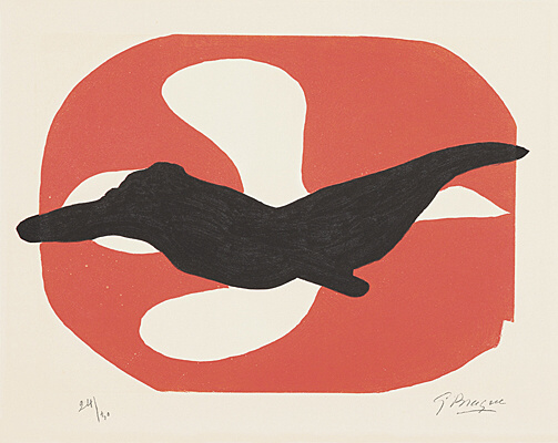 Georges Braque, "Oiseau blanc et oiseau noir sur fond rouge" (Weißer Vogel und schwarzer Vogel auf rotem Grund), Vallier 182 S. 259
