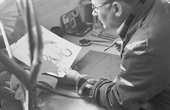 Ernst Scheidegger, "Joan Miró beim Zeichnen im Kunstdruckatelier Robert & Anne Lacourière"