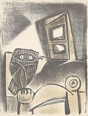 Pablo Picasso, "Hibou à la chaise fond ocré",Bloch 410, Mourlot 55