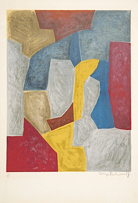 Serge Poliakoff, "Composition carmin, jaune, grise et bleue", Rivière 24